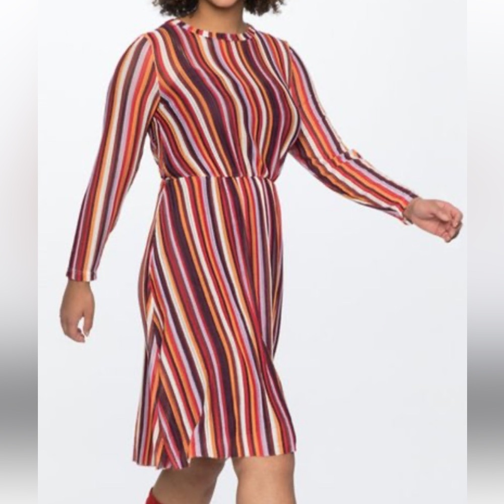 Eloquii Women’s Retro 70’s Hippie Style Striped Mesh Stretch waist lined Dress